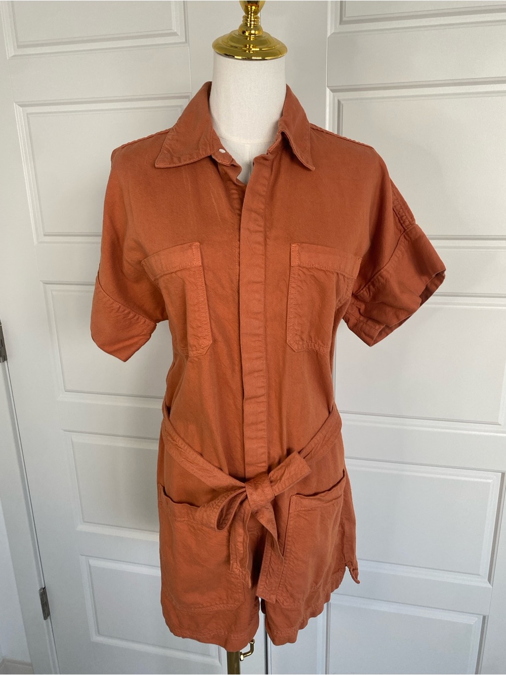 Ética Rust Orange Utility Denim Romper Organic Cotton Tencel Small
